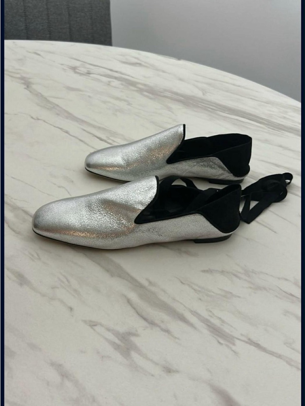 Furla Silver Metallic Ballet Flats with Black Trim and Ankle Ties